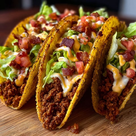 Two loaded bacon cheeseburger tacos.