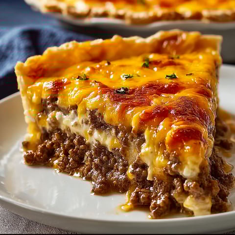 A slice of cheeseburger pie on a plate.