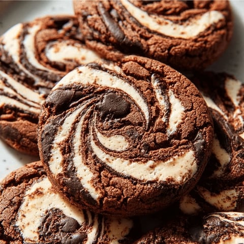 Chocolate marshmallow swirl cookies on a plate.