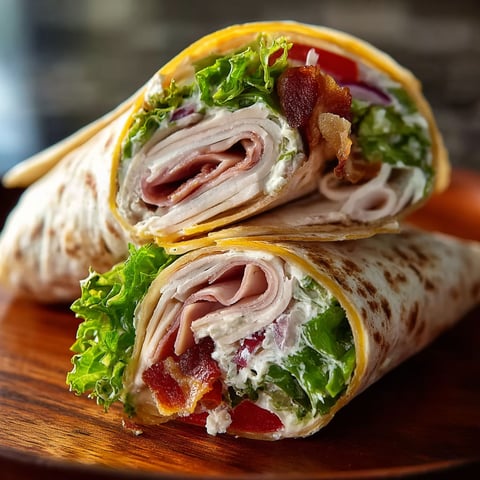 A Turkey Ranch Club Wrap with lettuce and tomato.