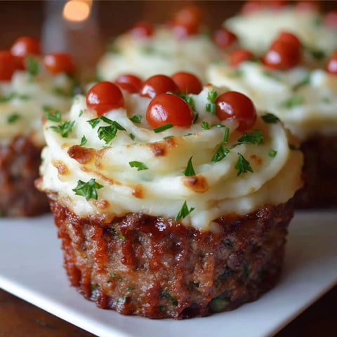 Meatloaf cupcakes with whipped potato topping.