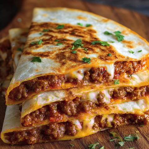A stack of quesadillas with meat and cheese.