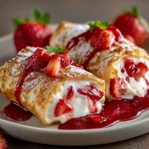 A plate of strawberry cheesecake chimichangas.