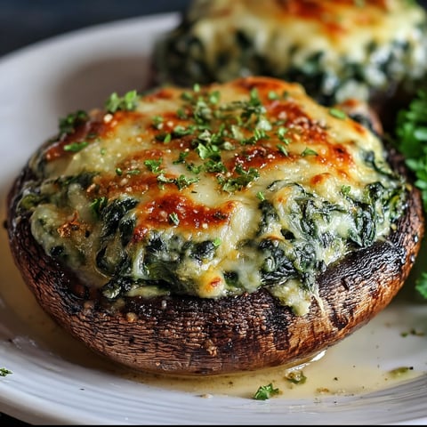 A plate of spinach cheese stuffed portobello mushrooms.