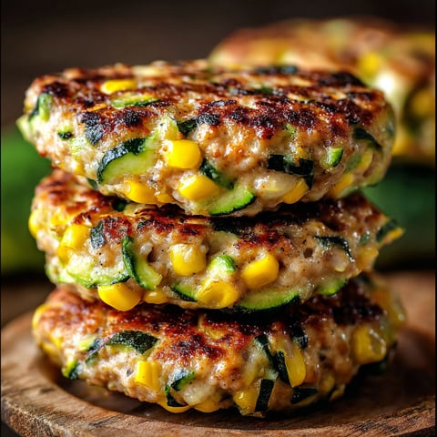 Three chicken zucchini and fresh corn burgers stacked on a wooden table.