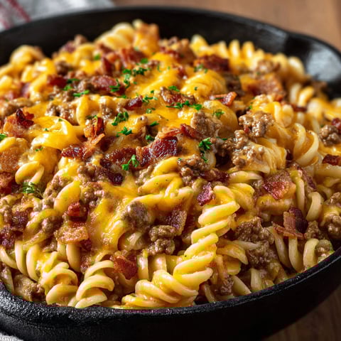 A bowl of pasta with bacon and cheese.