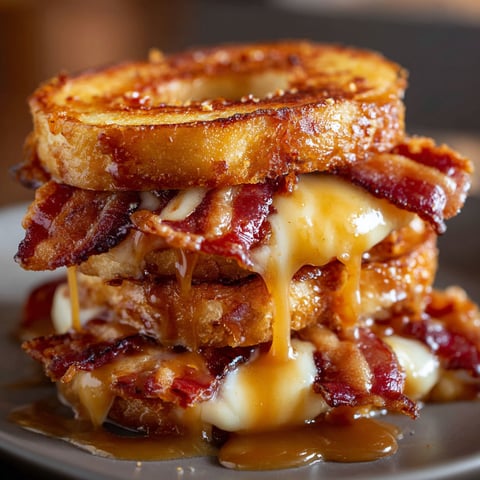 A stack of grilled cheese sandwiches with bacon and maple syrup.