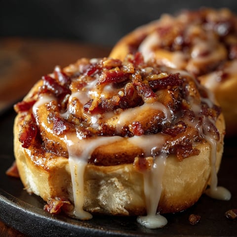 Two cinnamon rolls with bacon and maple syrup.