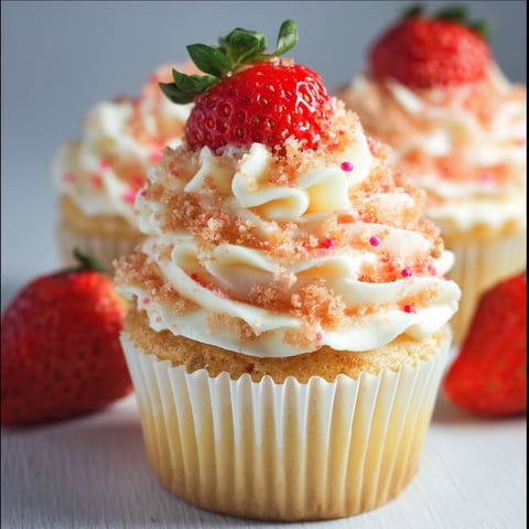 A cupcake with strawberries on top.