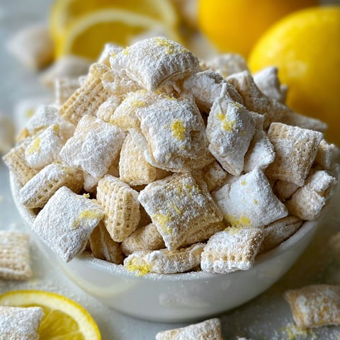 A bowl of puppy chow with lemonade.