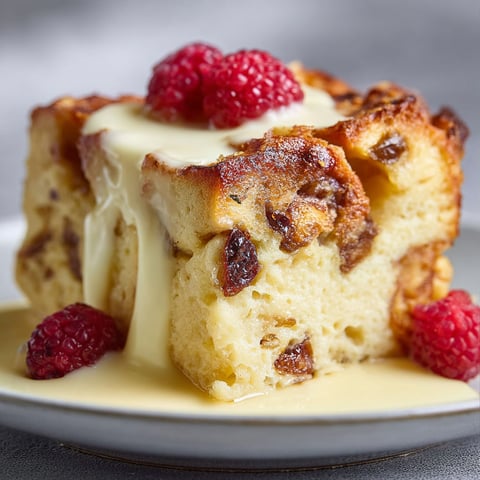 A slice of custard bread pudding with vanilla sauce.