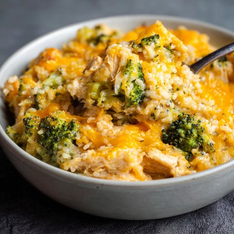 A bowl of cheesy broccoli chicken and rice casserole.