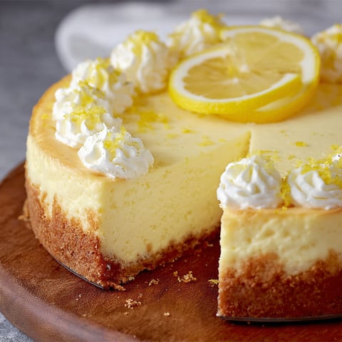 A slice of lemon cheesecake on a wooden board.