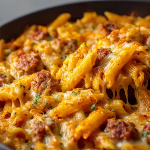 A delicious cheesy sausage pasta dish.