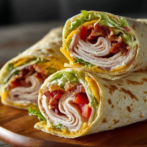 A Turkey Ranch Club Wrap is shown on a wooden cutting board.