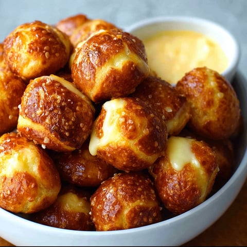A bowl of pretzel bites with cheese.