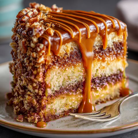 A slice of turtle caramel cake with a drizzle of caramel sauce.