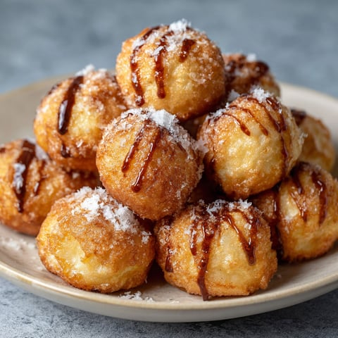 A plate of donuts with chocolate drizzle.