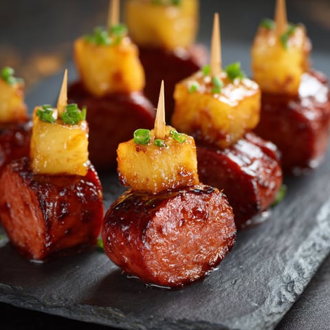 A plate of glazed smoked sausage and pineapple bites.