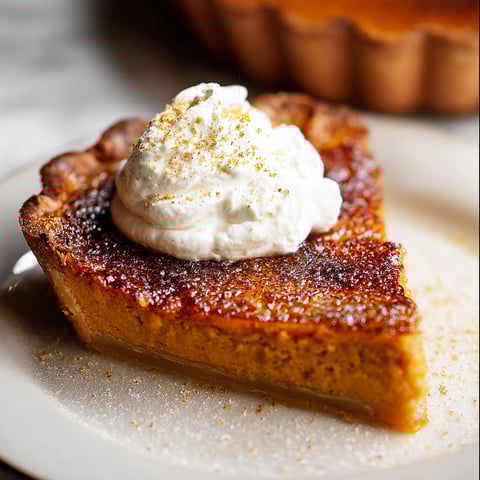 A slice of pumpkin pie with whipped cream on top.