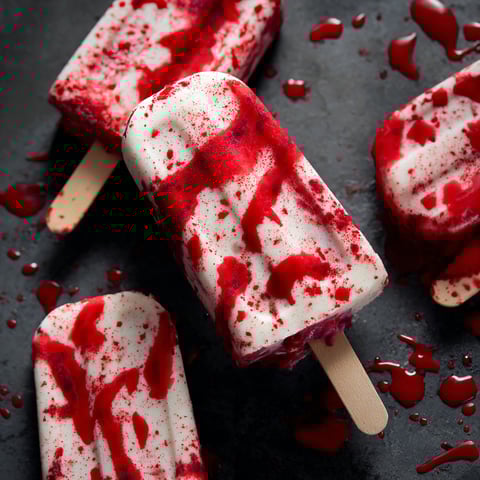 Blood splattered cakesicles on a black surface.
