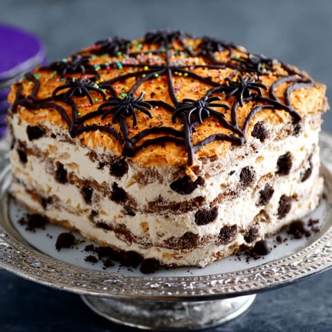 A Halloween icebox cake with a spider web design.