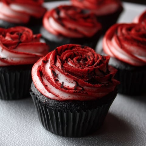 Two-tone red velvet cupcakes with a rose design.