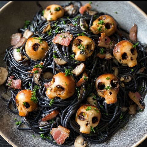 A plate of spaghetti with mushroom skulls on top.