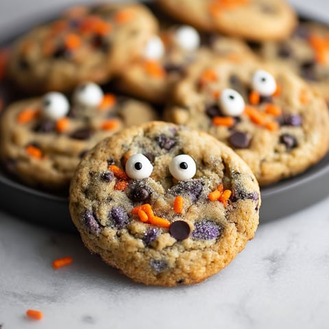 A plate of chocolate chip cookies with orange and black decorations.