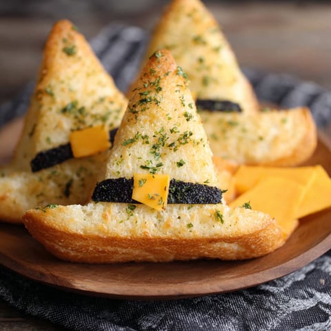 Three triangular shaped breads with cheese and herbs on top.