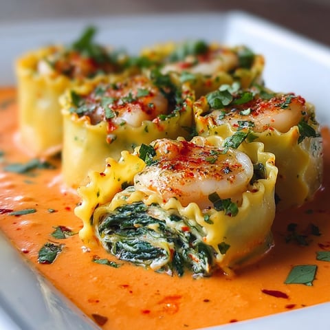 Shrimp and spinach stuffed pasta rolls on a plate.