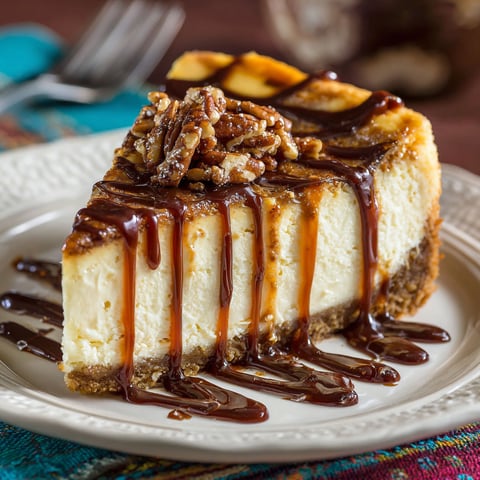 A slice of turtle cheesecake with caramel drizzle.