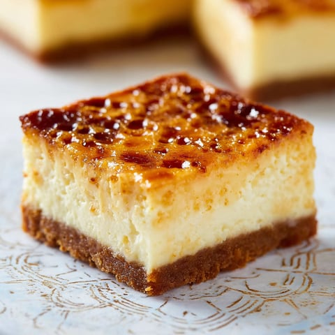 A slice of crème brûlée cheesecake bars.