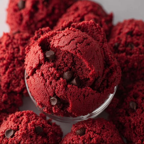 Red velvet cookie dough in a glass bowl.