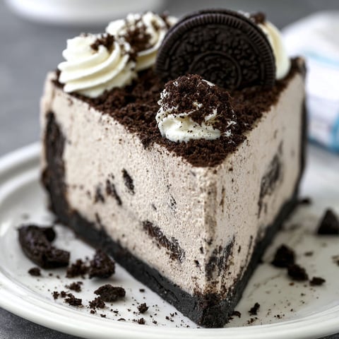 A slice of Oreo cheesecake on a plate.