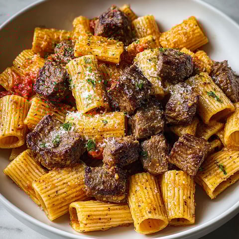 A plate of Cajun Steak Rigatoni.