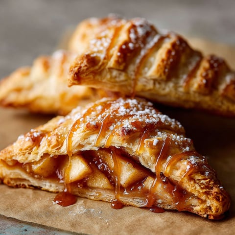Two apple turnovers with caramel sauce.