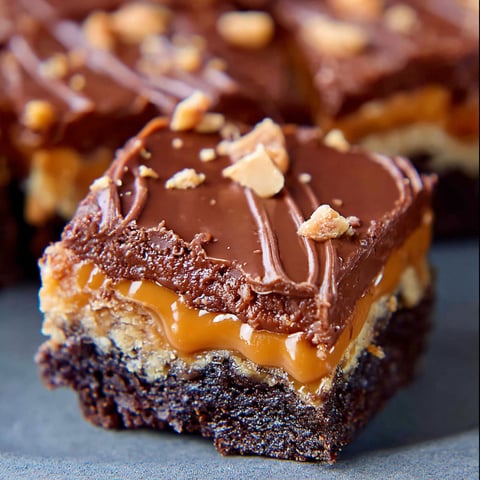 A piece of chocolate cake with caramel drizzle.