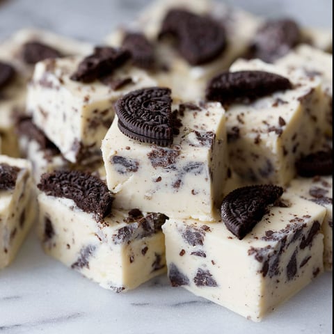 A close up of a square of Oreo fudge.