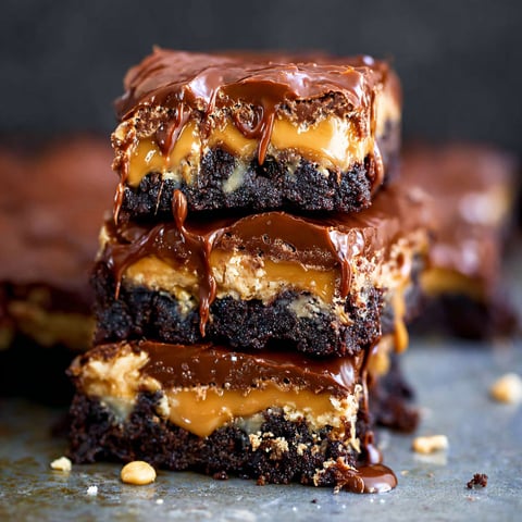 A stack of three brownies with chocolate and caramel drizzle.