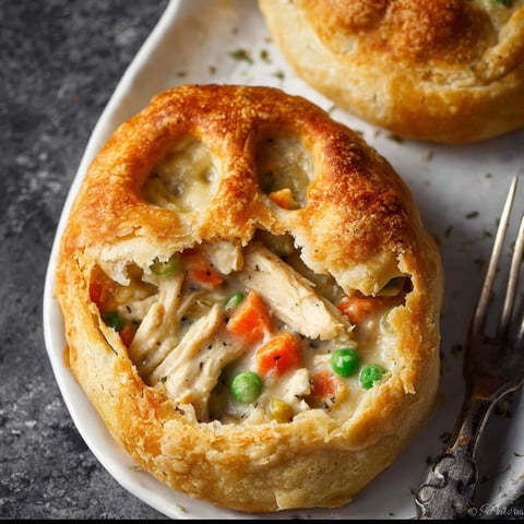 A skull shaped chicken pot pie with a fork.