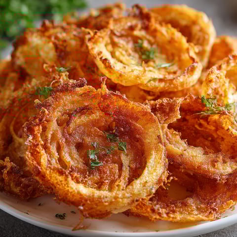 A plate of onion rings with parsley on top.