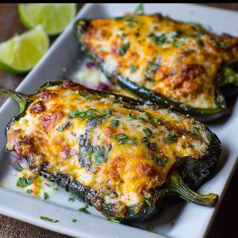Two stuffed peppers with cheese and onions.