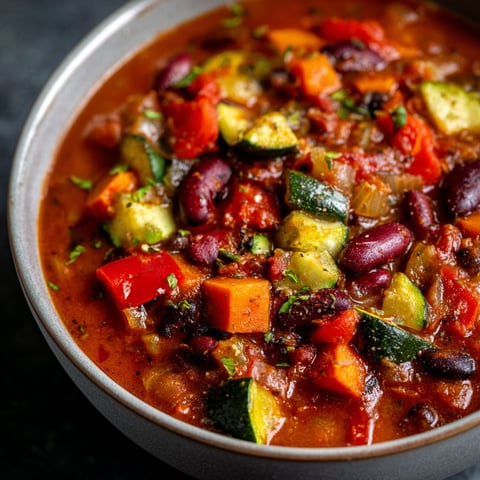 A bowl of vegetarian chili with a variety of vegetables.