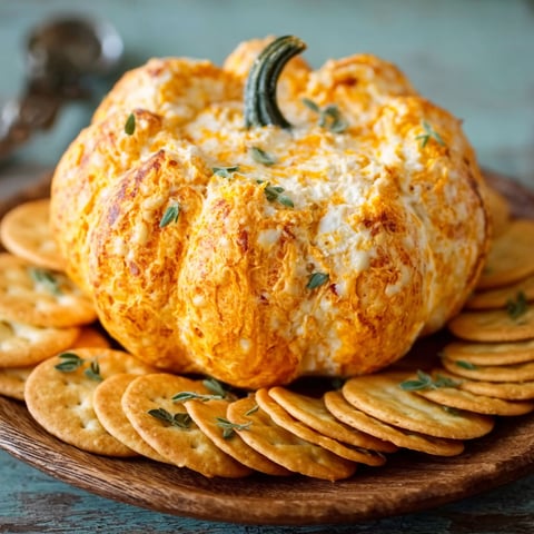 A pumpkin shaped cheese ball with crackers.