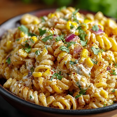 A bowl of pasta salad with corn and onions.