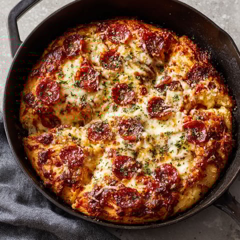 A delicious pizza in a cast iron skillet.