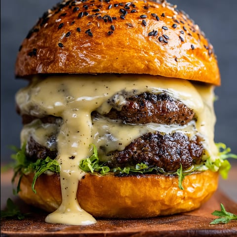 A burger with a thick layer of cheese and sauce.