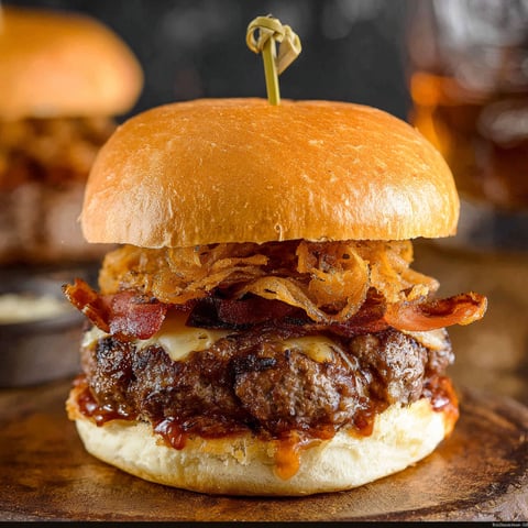 A burger with bacon and onions on top.