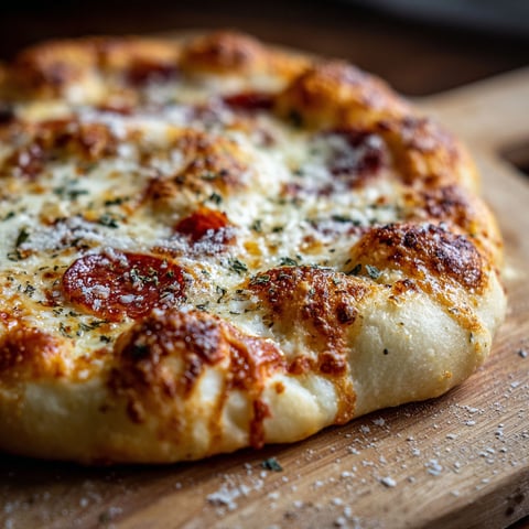 A pizza with pepperoni and cheese on a wooden board.